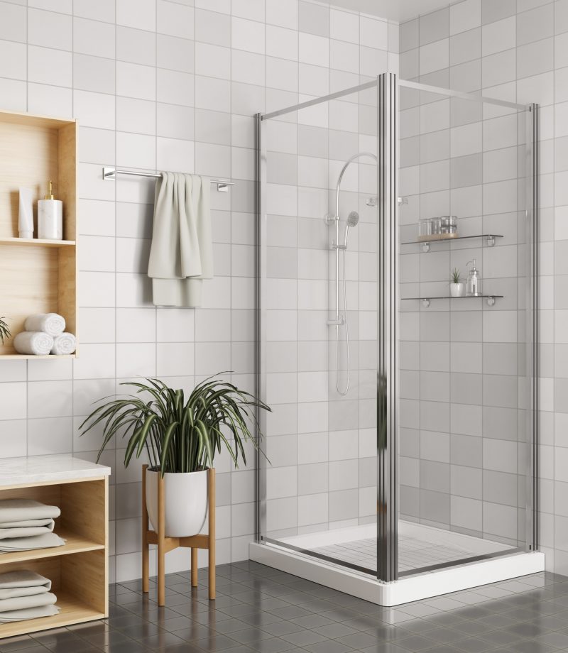Interior design of a modern, minimal bathroom with a shower room, a towel on a rack, a houseplant, and a sink and a wall cabinet. 3d render, 3d illustration