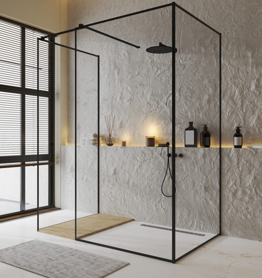 shower cabin in luxury contemporary bathroom interior with decorative walls and tile floor, shelf with cove light and bath accessories, 3d rendering